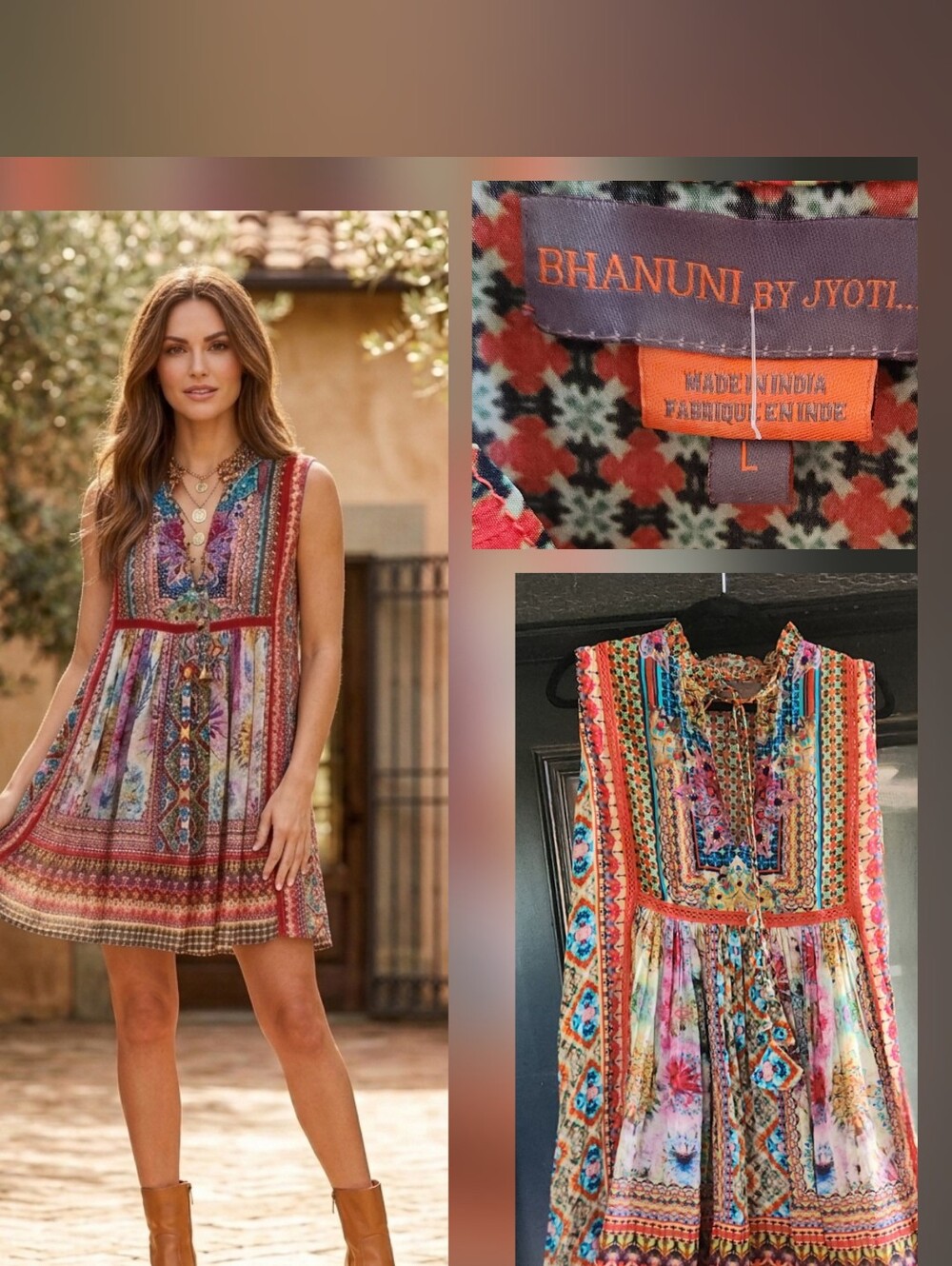 This colorful Bhanuni by Jyoti babydoll tunic dress features an intricate, vibra